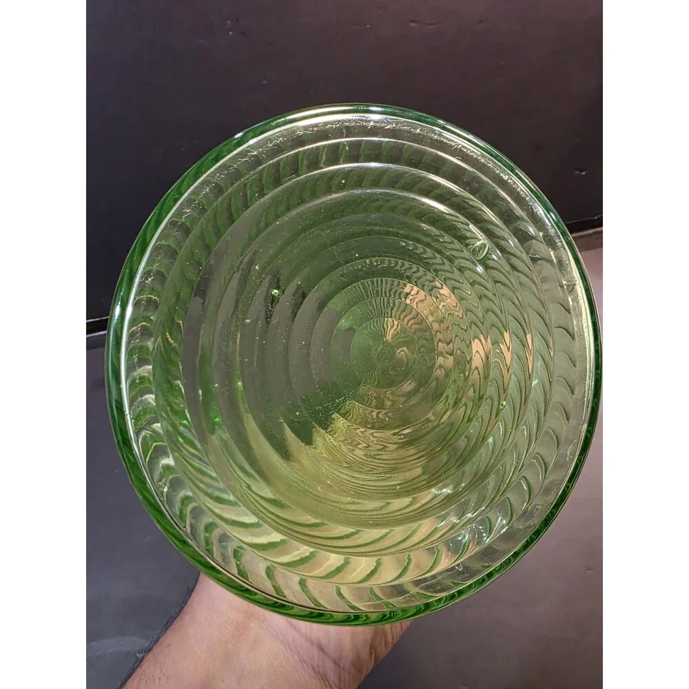Antique Vintage Green Uranium Glass Pitcher – Diagonal Spiral Swirl Optic Ribbed